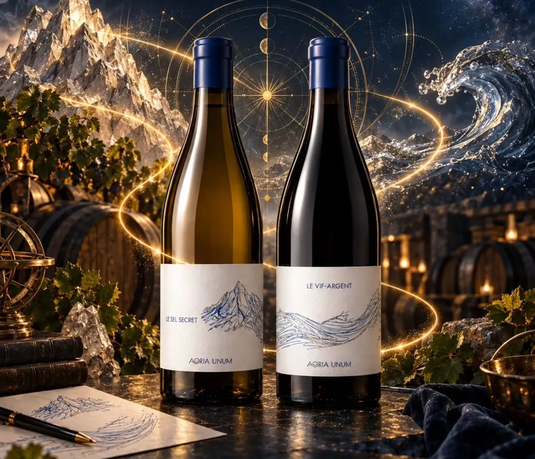 Les deux cuvées AORIA UNUM, Le Sel Secret et Le Vif-Argent, entre la montagne et la vague